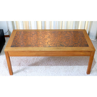 Rare Retro Parker Teak Inlay Copper Embossed Coffee Table