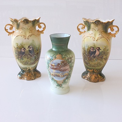 Pair of Edwardian Style English Kookaburra Vases and Another
