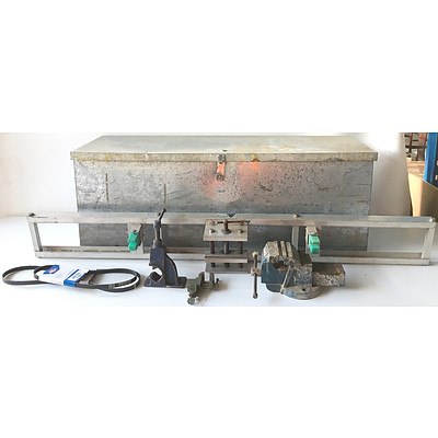 Metal Storage Box with Assortment of Vices and Brand New Optibelts