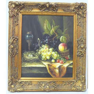 Still Life with Grapes Oil on Board in an Impressive Giltwood and Moulded Gesso Frame