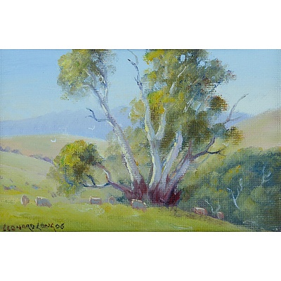 LONG, Leonard (1911-2013): Sheep Grazing by a Gully, 2006. Oil on Canvas on Board