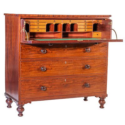 George IV Mahogany and Satinwood Lined Secretaire Chest with Ebony Line Inlay Circa 1830