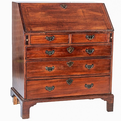 George II Mahogany Bureau with Fitted Interior on Bracket Feet Circa 1750