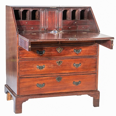George II Mahogany Bureau with Fitted Interior on Bracket Feet Circa 1750