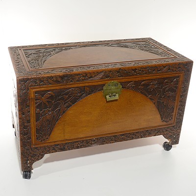 Asian Camphorwood Chest Carved with Dragons in Clouds and Foliage