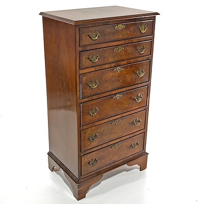Georgian Style Walnut Narrow Chest of Six Drawers Mid 20th Century