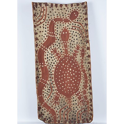 Rosie Karadada (c.1930-2008) Turtle and Water Snakes Ochre on Bark