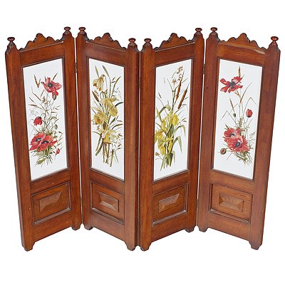 Antique Victorian Mahogany Hand Painted Milk Glass Folding Fire Screen Circa 1900