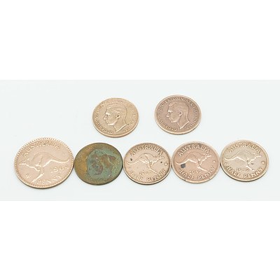 Group of Seven Australian Pennies and Half Pennies Including Years 1942 and 1943