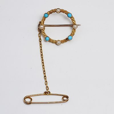 9ct Yellow Gold Seed Pearl and Turquoise Circle Wreath Brooch