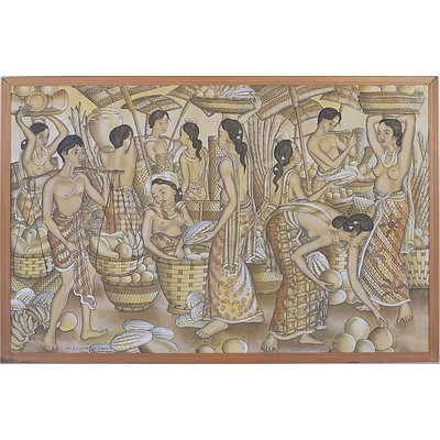 Balinese Tempera on Linen, Ubud, Signed Suharto