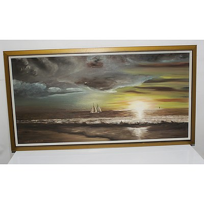D.W Cranch Sailing Boat into Cloudy Sunset Oil on Board