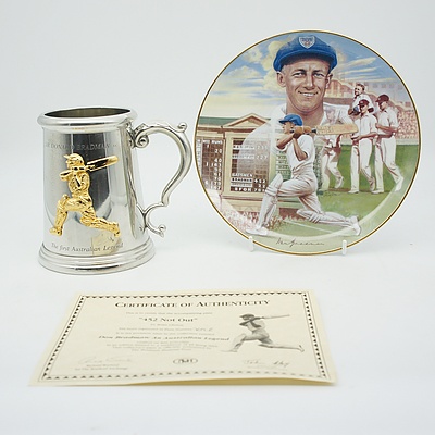 Sir Donald Bradman Commemorative Pewter Beer Stein and 452 Not Out Fine Porcelain Plate