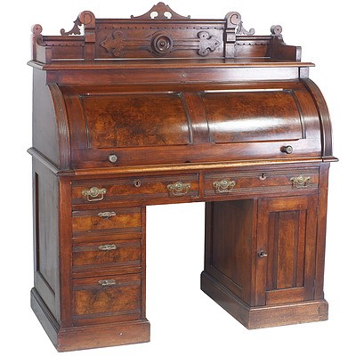 Late Victorian Walnut Eastlake Style Cylinder Top Desk Circa 1890