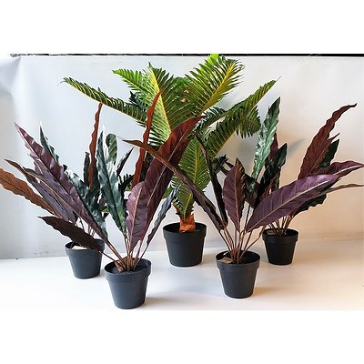 Lot of 5 Artificial Palm and plants in pots.