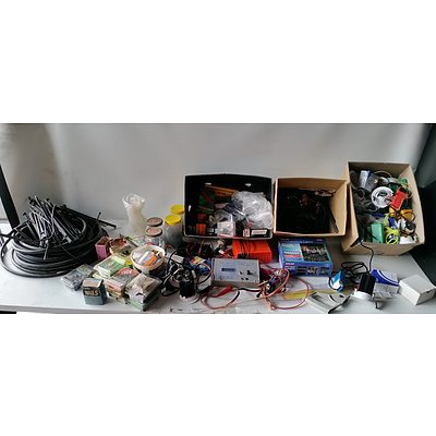 Bulk lot of Assorted Hardware including Light bulbs, Irrigation hose, electrical Fittings and More