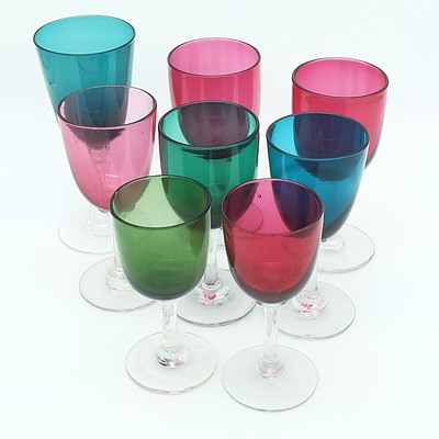 Eight Antique English Coloured Stem Glasses