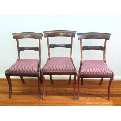 Seven Regency Rosewood Rail Backed Sabre Legged Dining Chairs