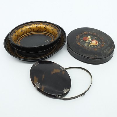 Antique Tortoiseshell and Silver Plated Magnifying Glass, Antique Hand Painted Floral Tin Pin Box, and Three Antique Papier Mache Bowls