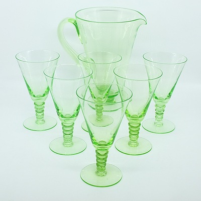 Uranium Glass Water Pitcher Set for Six