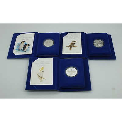 Three Ten Dollar Silver Proof Coins Birds of Australia 1989, 1990 and 1992
