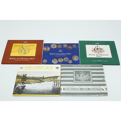 Five RAM Uncirculated Coin Sets, Including 1984, 1985, 1986, 1987 and 1988