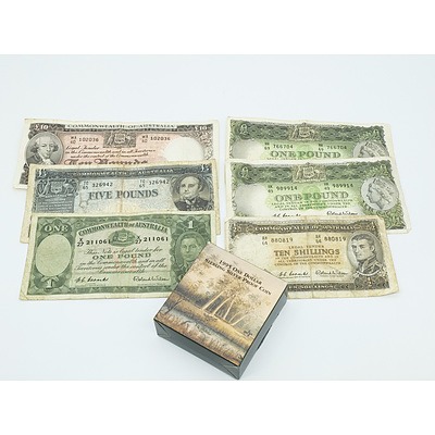 Group of Australian Pound Notes and 1995 One Dollar Sterling Silver Proof Coin