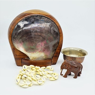 Carved Elephant Figure, Mounted Shell, Carved Copper Bowl and a Shell Necklace