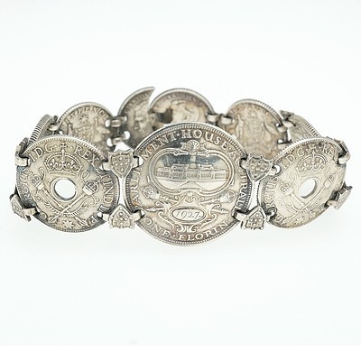Commemorative English and Australian Coin Bracelet with Florins and Six Pence's from 1927 to 1943
