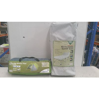 Hinterland Four Person Dome Tent and Twin Size Versalite Reclining Camp Cot - RRP $100