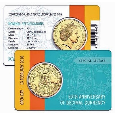 2016 Gold Plated Round 50c 1966 Uncirculated Coin