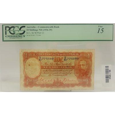 1936-39 Commonwealth of Australia 10 Shilling Banknote Slabbed and Graded as Fine15