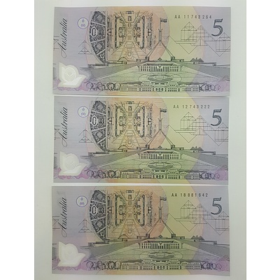 Three First Issue Five Dollar Notes All with AA Prefix