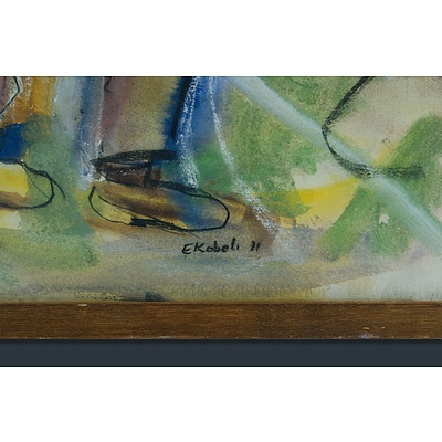 KOBELI, Eli (South African 1932-1999): Village Scene, 1971 Mixed Media on Paper