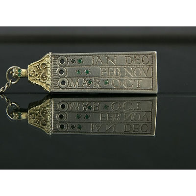 HMSS Emerald Set Pocket Saxon Sun-Dial. HM London 1975, maker GF. Emerald set tablet. Missing gnomon. Sterling Silver