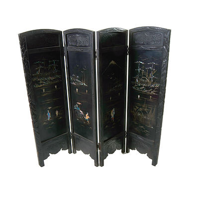 Carved & Inlaid Japanese Screen. Four panels in lightly carved frames depicting daily life & Mt Fuji in inlaid Mother of Pearl.