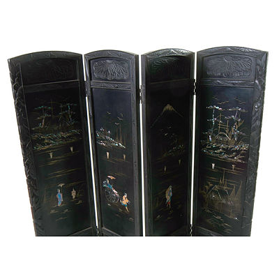 Carved & Inlaid Japanese Screen. Four panels in lightly carved frames depicting daily life & Mt Fuji in inlaid Mother of Pearl.