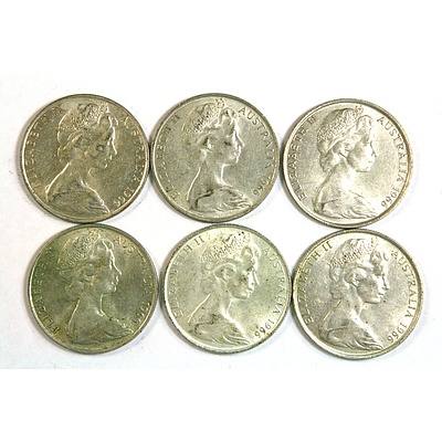 Six 1966 Round Australian Silver 50 Cent Coins