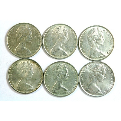 Six 1966 Round Australian Silver 50 Cent Coins