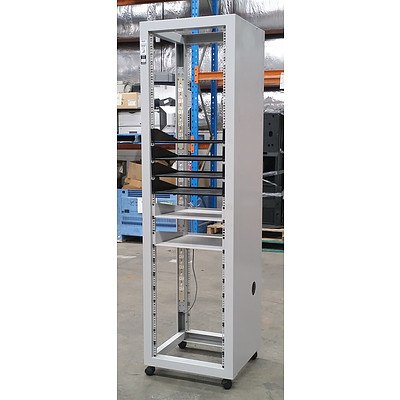 Grey Floor-Standing Wheeled Server Cabinet w/ Shelving