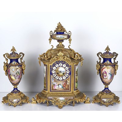 Impressive French Sevres Style Porcelain and Ormolu Clock Garniture Samuel Marti et Cie Late 19th Century