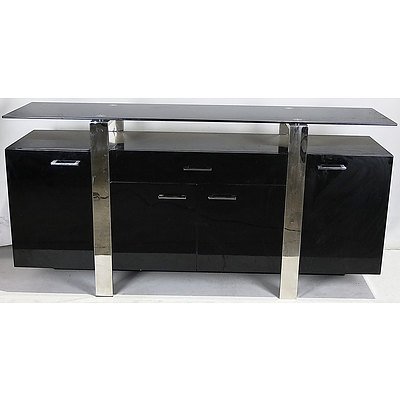 Large Black Glass-Top Entertainment Unit