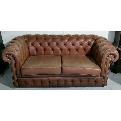 Pair of Two Seater Buttoned Leather Upholstered Chesterfields