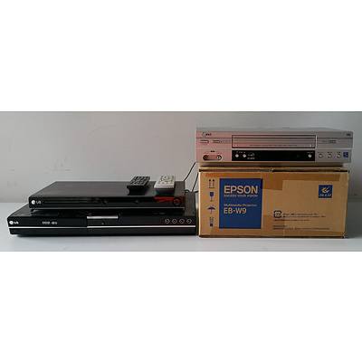 Group of Two DVD Players, VHS Player and Multimedia Projector