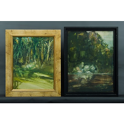 (2) NASEBY, David (b.1937): Riverbanks. Oil on Board