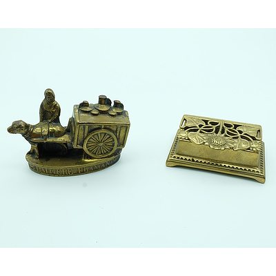 Brass Stamp Holder and Brass Milk Maid Figurine