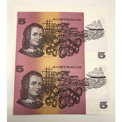 Uncut Pair of Five Dollar Australian Banknotes