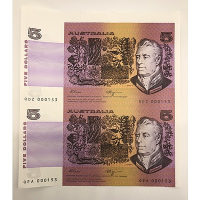 Uncut Pair of Five Dollar Australian Banknotes