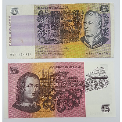 Error Note and Normal Australian Five Dollar Note