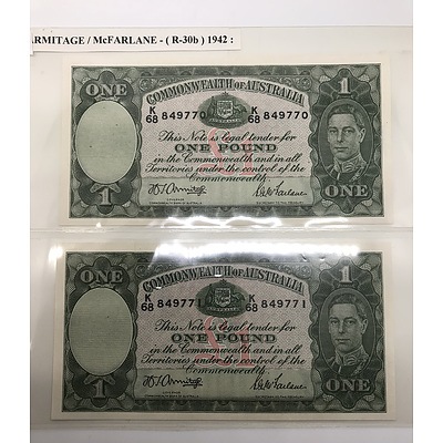 1942 Pair of Uncirculated Consecutive Serial Numbered Commonwealth of Australia One Pound Notes